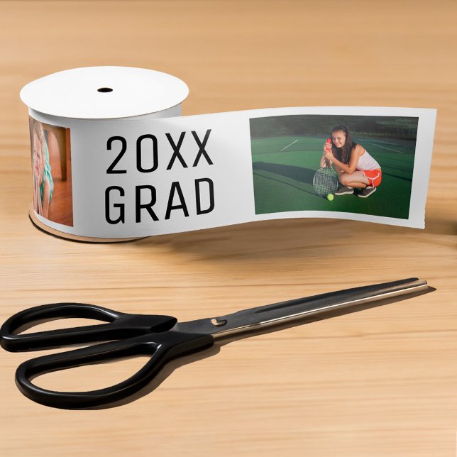 2026 Grad 3 Photo Collage on White Satin Ribbon (Custom Year Grad 3 Photo Collage on White Ribbon, in situ)