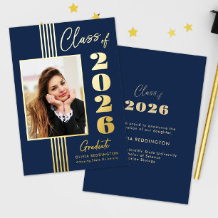 2026 Grad Announcement Photo Frame Navy Gold Foil