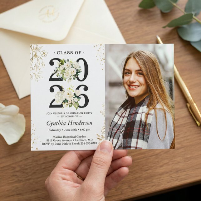 2026 Grad Photo Green White Floral Graduation Invitation (Creator Uploaded)