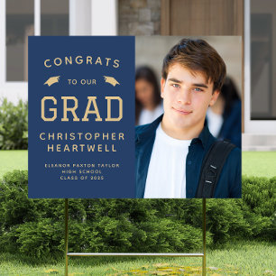 2026 Grad Photo Navy Blue Gold Yard Sign