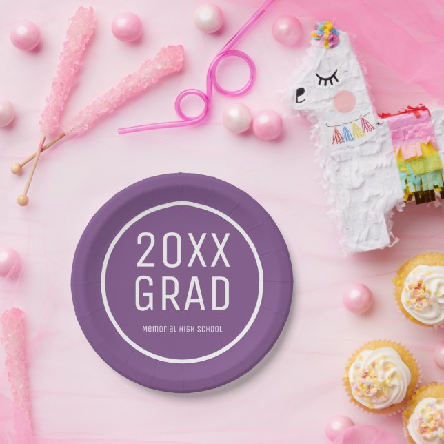 2026 Grad, School Name Modern Purple Graduation Paper Plates (Party)