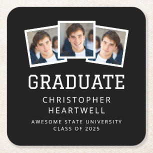 2026 Graduate 3-Photo Black and White Square Paper Coaster