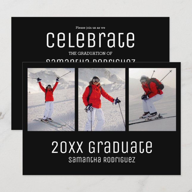 2026 Graduate Black 3 Photo Graduation Party Invitation (Front/Back)