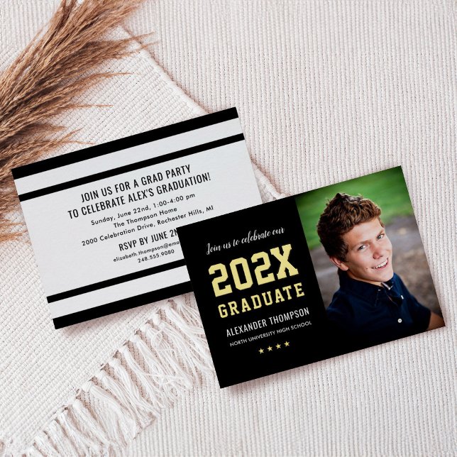 2026 Graduate Black Gold Graduation Party Photo Foil Invitation (Creator Uploaded)