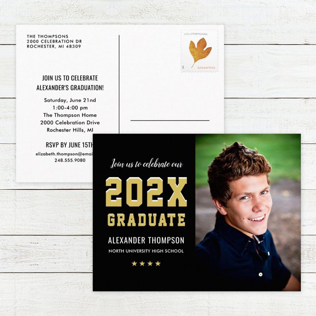 2026 Graduate Black Gold Graduation Party Photo Invitation Postcard (Creator Uploaded)