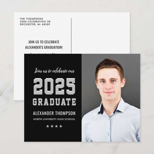 2026 Graduate Black Gray Graduation Party Photo Invitation Postcard (Front/Back)
