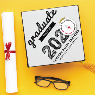 2026 Graduate Black & White Sketch Bold Typography Graduation Cap Topper