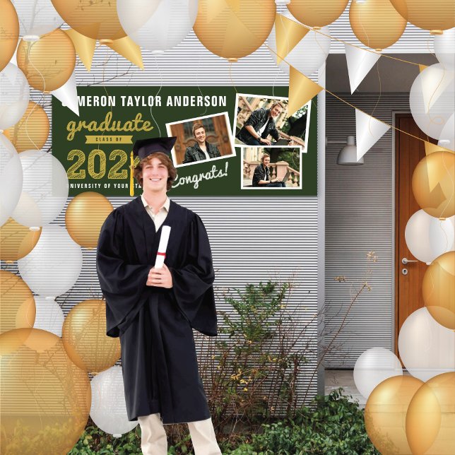 2026 Graduate Bold Sketch 3 Photo Graduation Party Banner (20YY Green & Gold Sketch, 3 Photo Modern Graduation Party Banner @ www.zazzle.com/color_therapy)