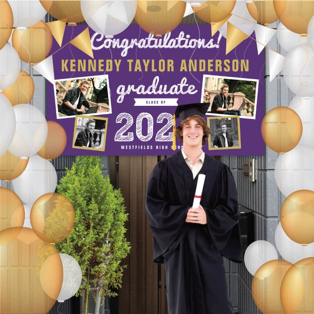 2026 Graduate Bold Sketch 4 Photo Graduation Party Banner (20YY Purple And White Sketch, 4 Photo Modern Graduation Party Banner @ www.zazzle.com/color_therapy)