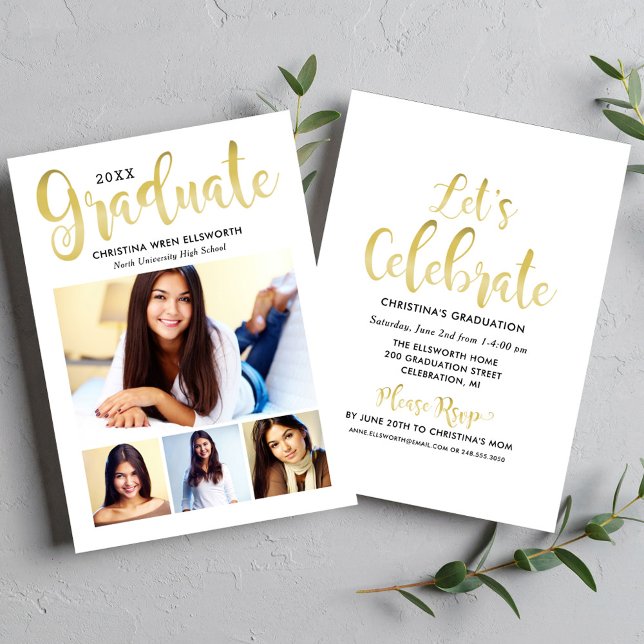 2026 Graduate Gold Script Photo Collage Party Invitation (Creator Uploaded)