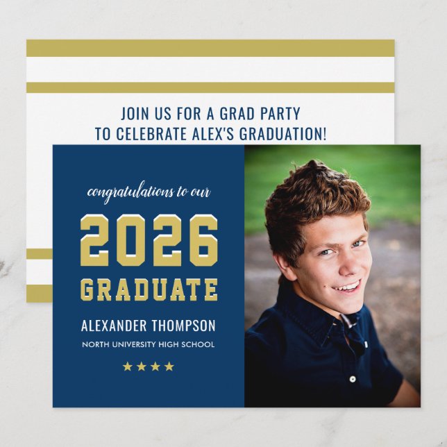 2026 Graduate Navy Gold Graduation Party Photo Invitation (Front/Back)