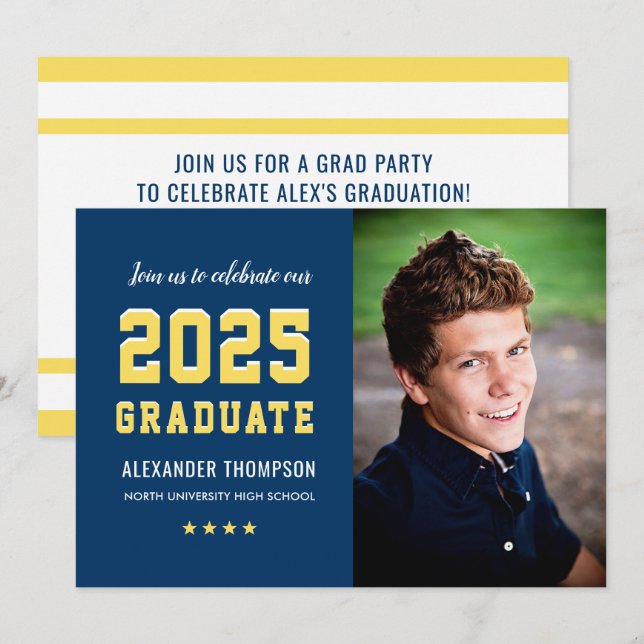 2026 Graduate Navy Yellow Graduation Party Photo I Invitation (Front/Back)