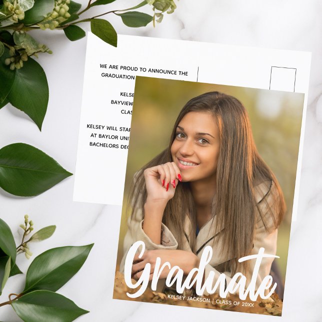 2026 Graduate Photo Chic Modern Script Overlay Postcard (Creator Uploaded)