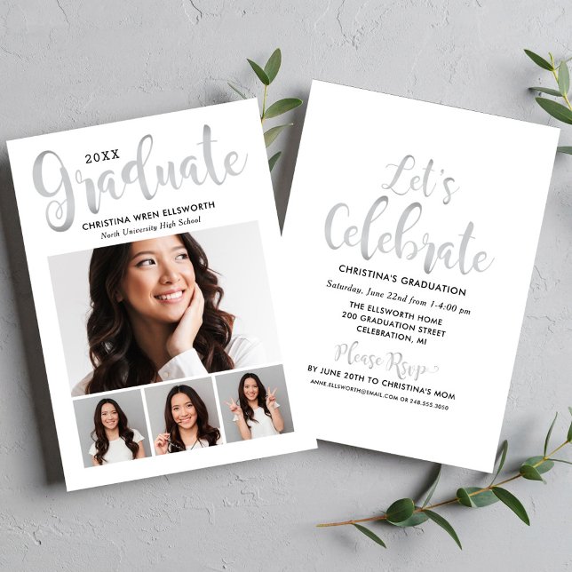 2026 Graduate Silver Script Photo Collage Party Invitation (Creator Uploaded)