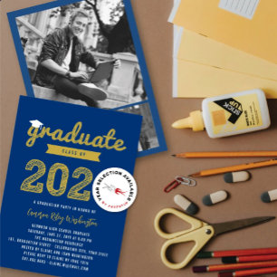 2026 Graduate Sketch 3 Photo Navy Blue Grad Party Invitation