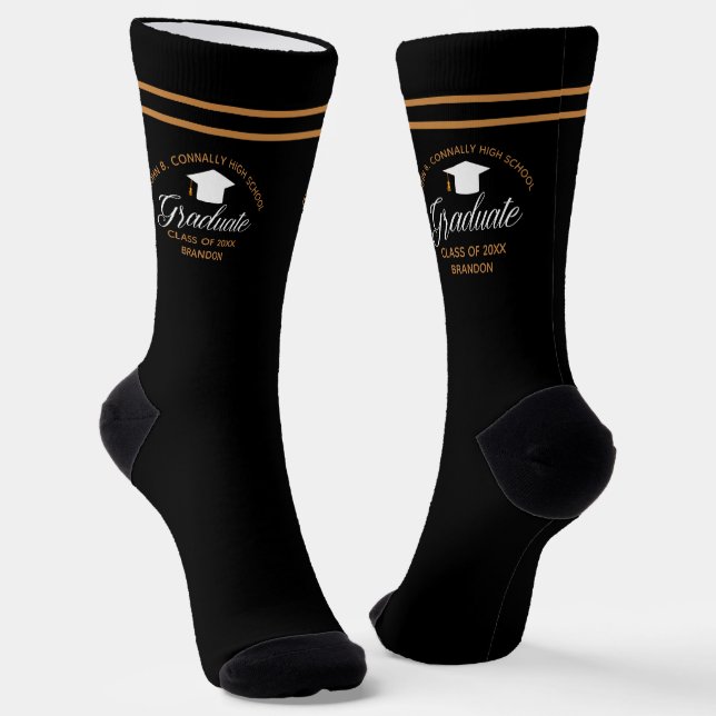 2026 Graduation Black Gold Custom High School Socks (Angled)