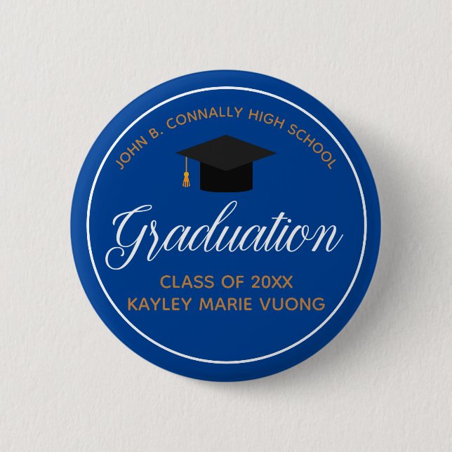 2026 Graduation Blue Gold Custom High School Name Button (Front)