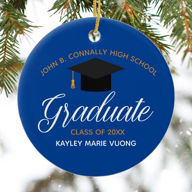 2026 Graduation Blue Gold Custom High School Name Ceramic Ornament (Creator Uploaded)
