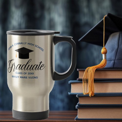 2026 Graduation Blue Gold Custom High School Name Travel Mug