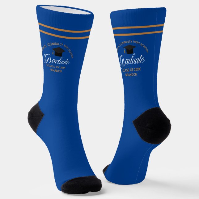 2026 Graduation Blue Gold Custom High School Socks (Angled)