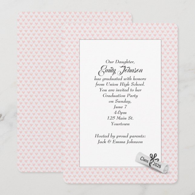 2026 Graduation Diploma on Pink Hearts   Invitation (Front/Back)