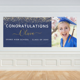 2026 Graduation Glitter Navy Blue Gold Modern Banner