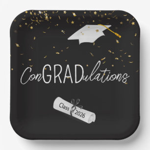2026 Graduation Gold Confetti and Cap Paper Plates