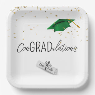 2026 Graduation Gold Confetti and Green Cap Paper Plates