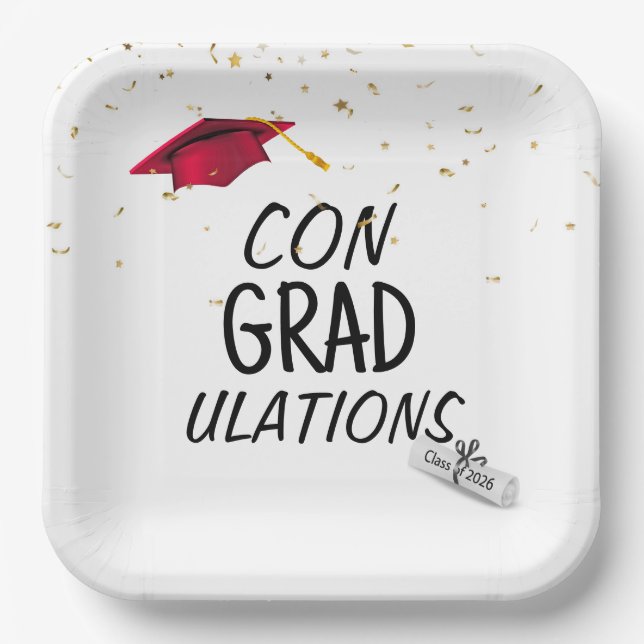 2026 Graduation Gold Confetti and Red Cap Paper Plates (Front)