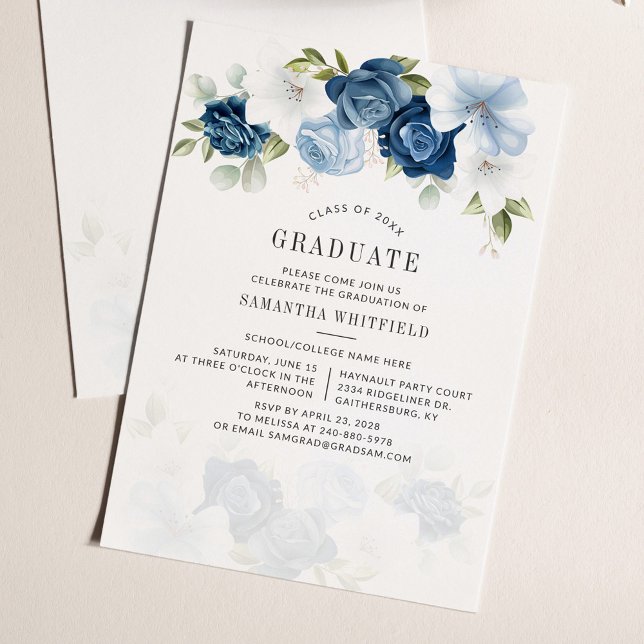 2026 Graduation Party Dusty Blue Floral Invitation (Graduation 2024 Dusty Blue Floral Party Invitation)