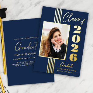 2026 Graduation Party Photo Frame Navy Gold  Foil Invitation