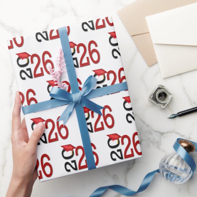 2026 Graduation Red and Black On White Wrapping Paper (Gifting)