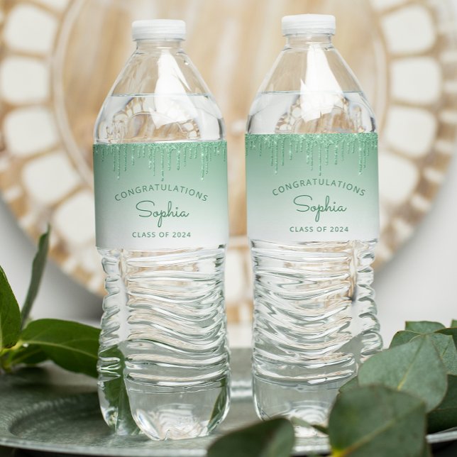 2026 Green Glitter Drip Graduation Party Water Bottle Label (Creator Uploaded)