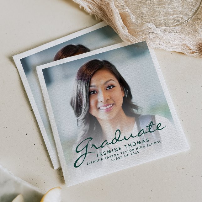 2026 Green Script Photo Graduation Party Napkins (Creator Uploaded)