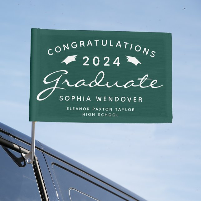 2026 Green White Script Caps Graduation Car Flag (Creator Uploaded)