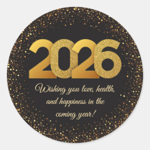 2026 happy new year, black gold glitters modern  classic round sticker