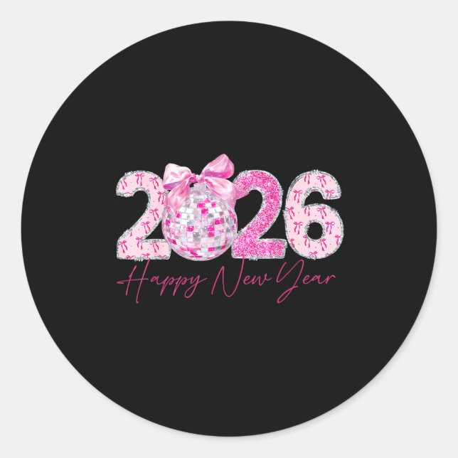 2026 Happy New Year Bow Patch Disco Ball  Classic Round Sticker (Front)