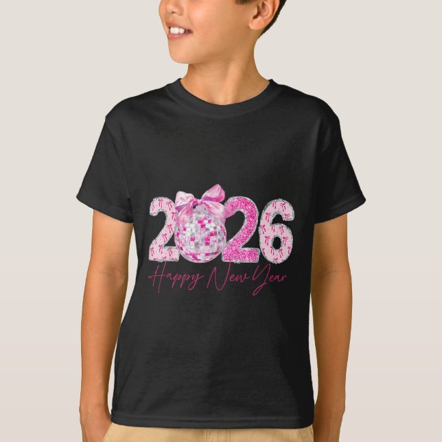 2026 Happy New Year Bow Patch Disco Ball  T-Shirt (Front)