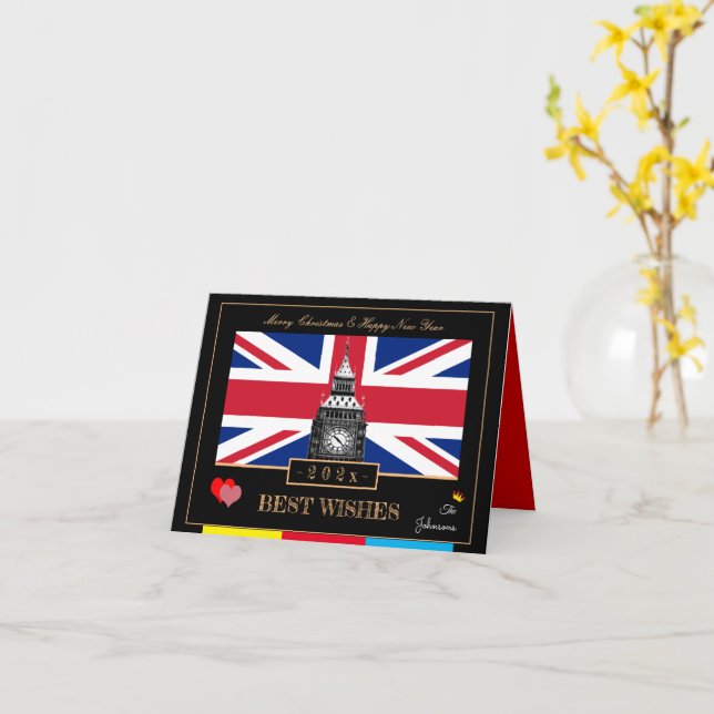 2026 Happy New Year, British Flag, Big Ben UK Card (Yellow Flower)
