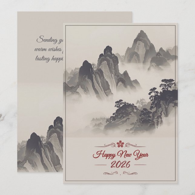 2026 Happy New Year Chinese Ink Mountain Holiday Card (Front/Back)