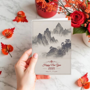 2026 Happy New Year Chinese Ink Mountain Holiday Card