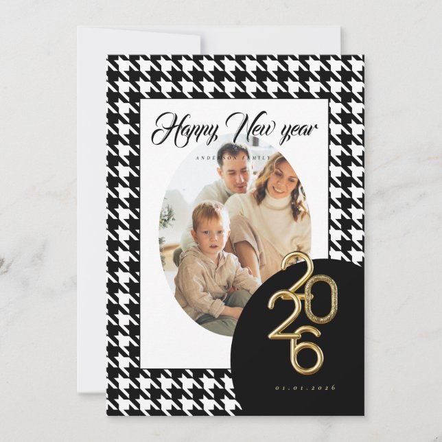 2026 Happy New Year Classic Houndstooth One Photo Holiday Card (Front)