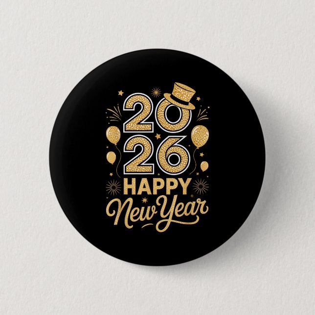 2026 Happy New Year Festive Top Hat Balloon Firewo Button (Front)