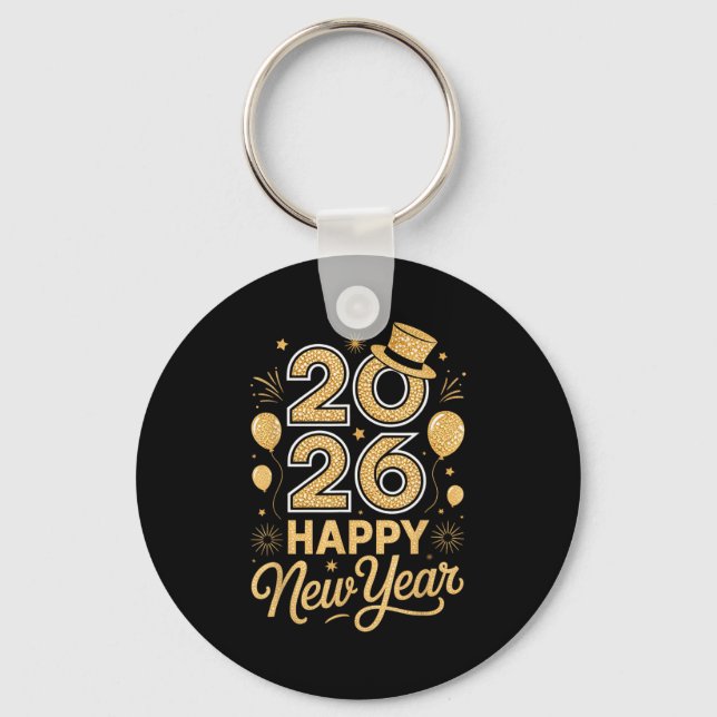 2026 Happy New Year Festive Top Hat Balloon Firewo Keychain (Front)