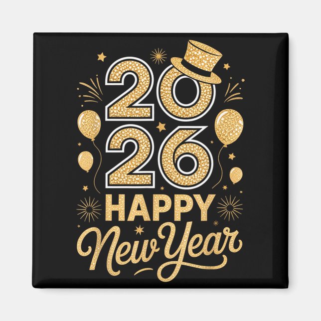2026 Happy New Year Festive Top Hat Balloon Firewo Magnet (Front)