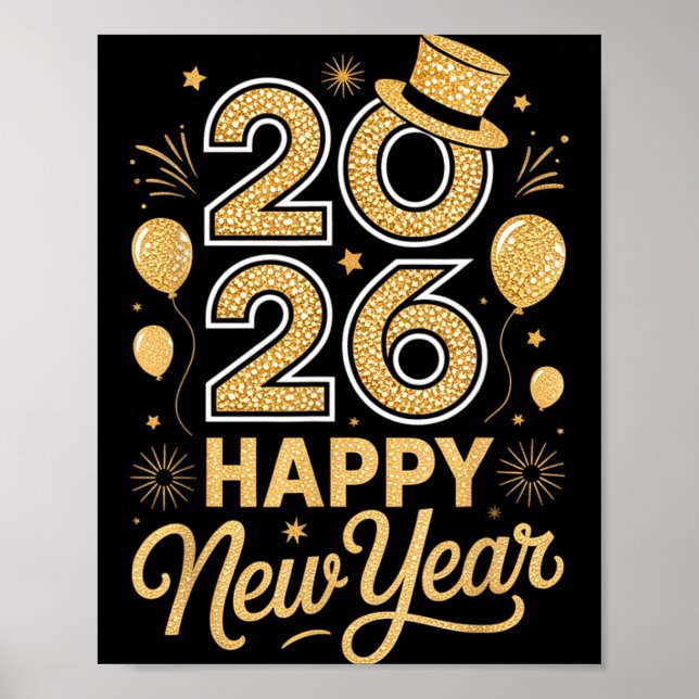 2026 Happy New Year Festive Top Hat Balloon Firewo Poster (Front)
