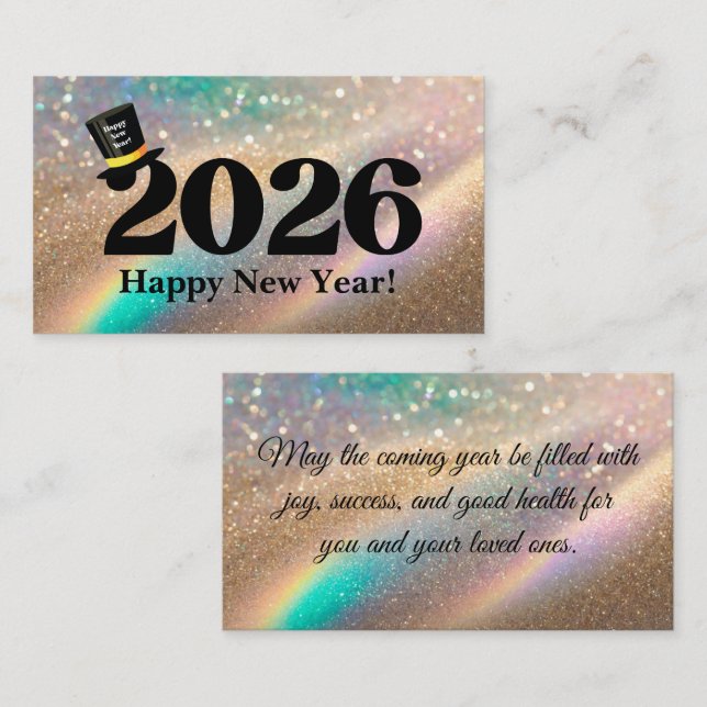 2026 happy new year, fun hat glitters modern note card (Front/Back)