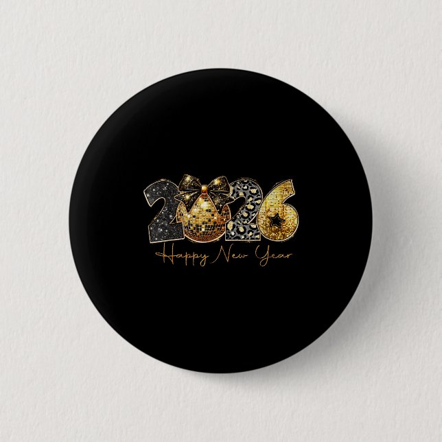 2026 Happy New Year Gold Disco Leopard Bow Coquett Button (Front)