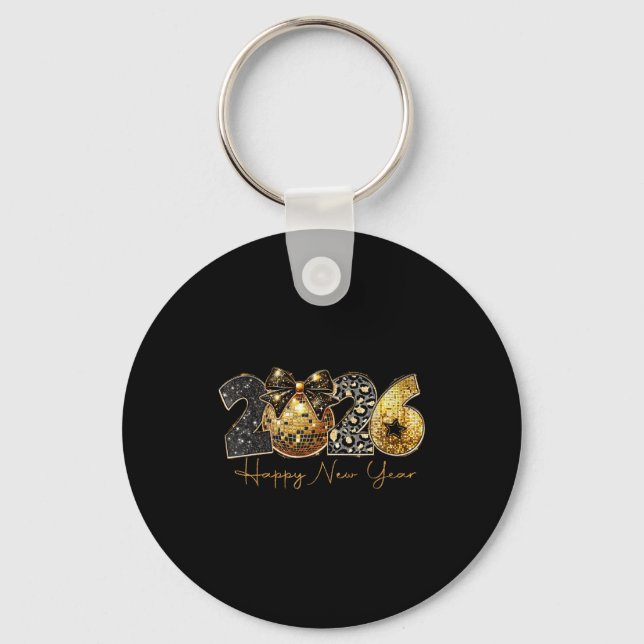 2026 Happy New Year Gold Disco Leopard Bow Coquett Keychain (Front)