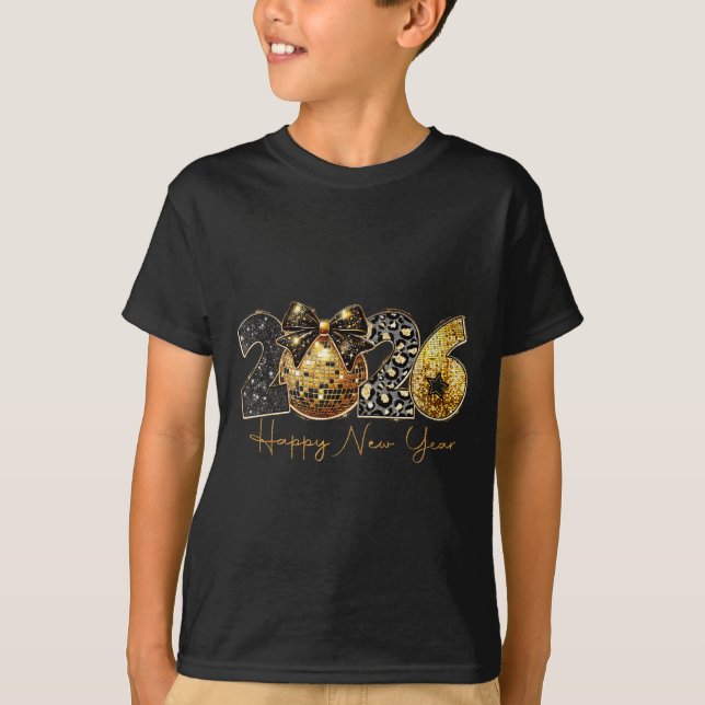 2026 Happy New Year Gold Disco Leopard Bow Coquett T-Shirt (Front)